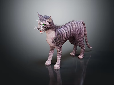 Realistic Grey Striped Cat With Green Eyes Standing On Dark Background 3d model