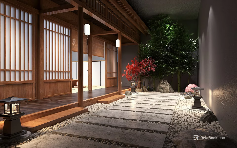 Traditional Japanese Garden Landscape With Wooden Veranda Stone Pathway Red Maple And Shoji Screens 3d model 