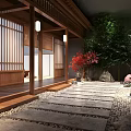 Traditional Japanese Garden Landscape With Wooden Veranda Stone Pathway Red Maple And Shoji Screens