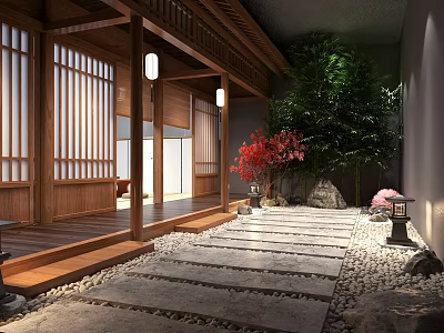 Traditional Japanese Garden Landscape With Wooden Veranda Stone Pathway Red Maple And Shoji Screens 3d model