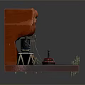 Cartoon Scene Featuring Steam Train On Platform By Red Rock And Small Boat On Water