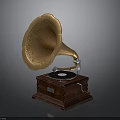 Classic Vintage Gramophone Featuring Brass Horn Wooden Base And Black Turntable