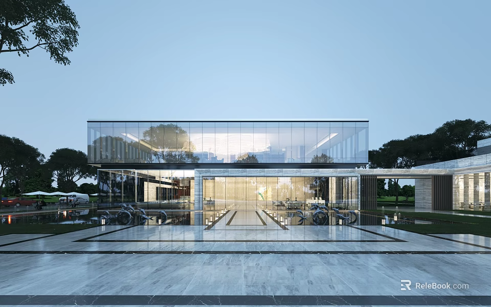 Modern Sales Center Building With Glass Curtain Wall Open Space Marble Flooring And Surrounding Greenery 3d model 