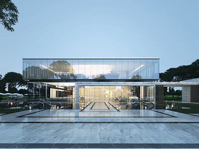 Modern Sales Center Building With Glass Curtain Wall Open Space Marble Flooring And Surrounding Greenery 3d model