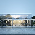 Modern Sales Center Building With Glass Curtain Wall Open Space Marble Flooring And Surrounding Greenery