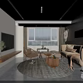 Modern Living Dining Room Interior With Open Concept Sofa TV And Decorative Plants