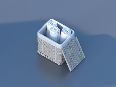 Practical Wicker Storage Basket With Open Lid Holding White Household Rolls 3d model