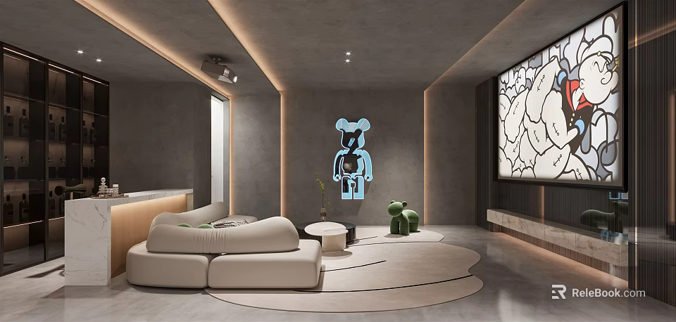 Modern Home Theater Room Interior With Gray Tones Beige Sofa Large Screen And Bear Decor 3d model 