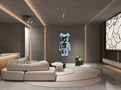 Modern Home Theater Room Interior With Gray Tones Beige Sofa Large Screen And Bear Decor 3d model