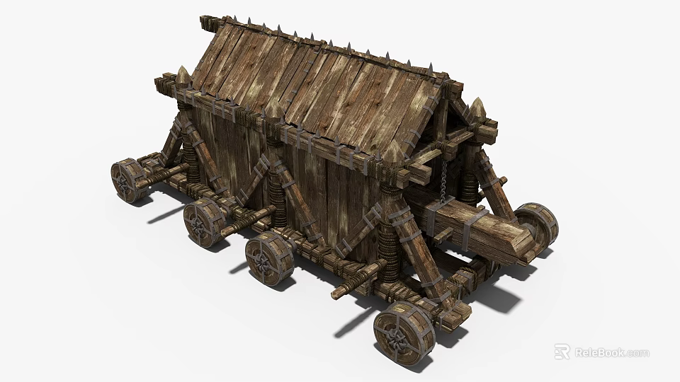 Ancient Wooden Siege Weapon with Spiked Wheels and Roof Like Medieval Military Structure 3d model 