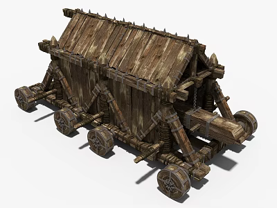 Ancient Wooden Siege Weapon with Spiked Wheels and Roof Like Medieval Military Structure 3d model