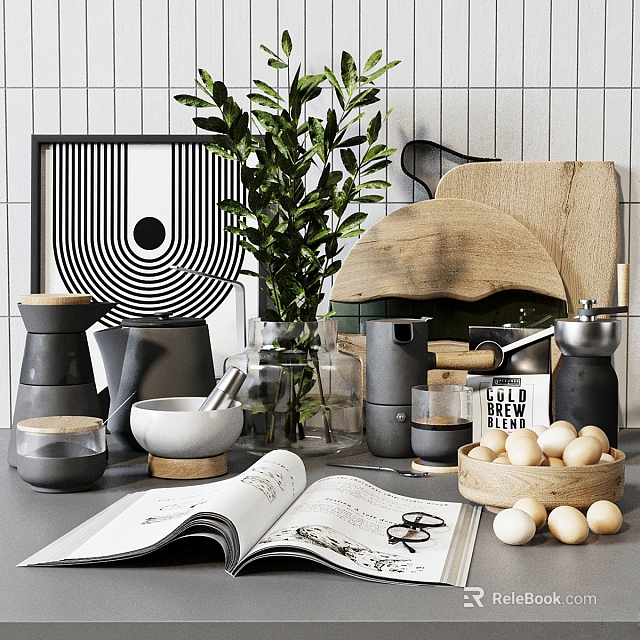 Modern Kitchen Utensils Collection With Ceramic Bowls Wooden Board And Coffee Grinder 3d model 