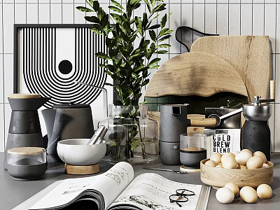 Modern Kitchen Utensils Collection With Ceramic Bowls Wooden Board And Coffee Grinder 3d model
