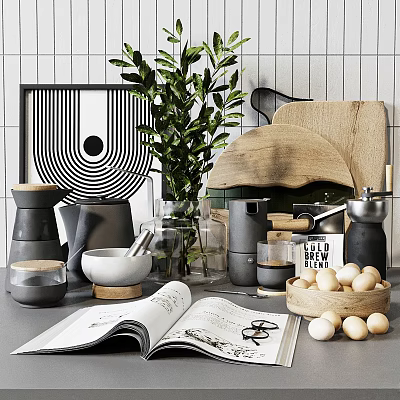 Modern Kitchen Utensils Collection With Ceramic Bowls Wooden Board And Coffee Grinder 3d model