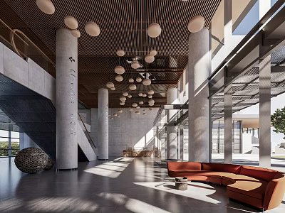 Modern Front Desk Reception Interior With Columns Pendant Lights And Orange Sofa 3d model