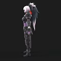 Woman In Silver Armor Standing With Outstretched Arms Purple Body And Red Accents