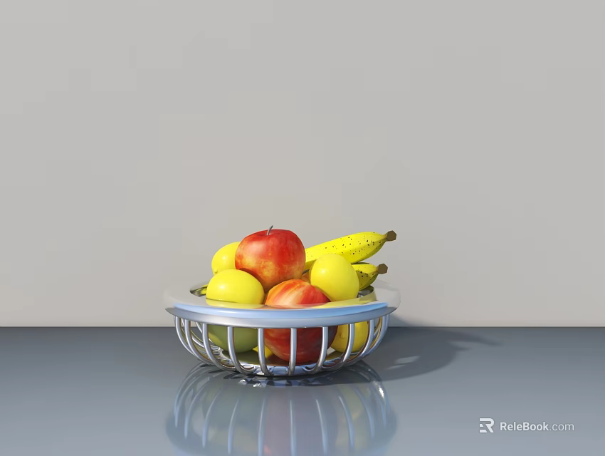 Ceramic Fruit Bowl With Fresh Apples Bananas And Lemons On Tabletop 3d model 