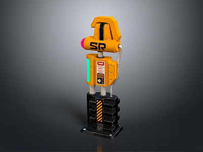 Futuristic Sci Fi Scene With Yellow Mechanical Tower Device And Warning Stripes 3d model