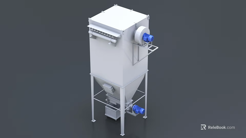 Industrial Filtration Equipment With White Body Blue Motor And Metal Stand 3d model 