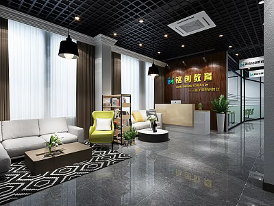 Modern Office Front Desk Reception Area With Sofa Seating And Greenery Decor 3d model
