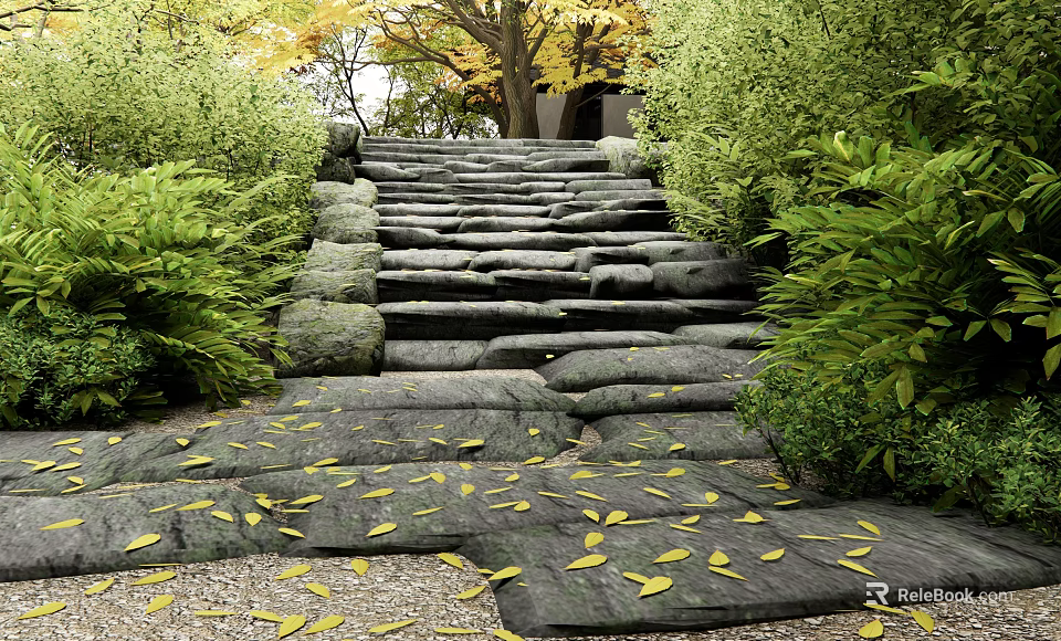Stone Steps Path Surrounded By Green Bushes Yellow Fallen Leaves And Trees 3d model 