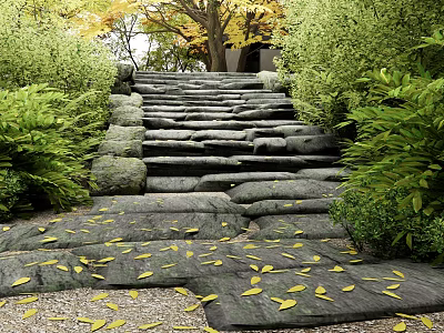 Stone Steps Path Surrounded By Green Bushes Yellow Fallen Leaves And Trees 3d model