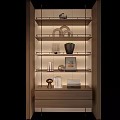 Modern Wooden Shelf Unit With Decorative Items Photo Frames Vases And Books Under Warm Lighting