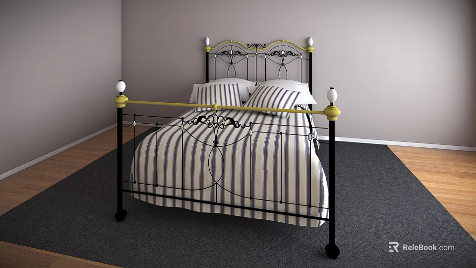 Double Bed With Black Iron Frame Ornate Design Blue White Striped Bedding Gold Accents 3d model 