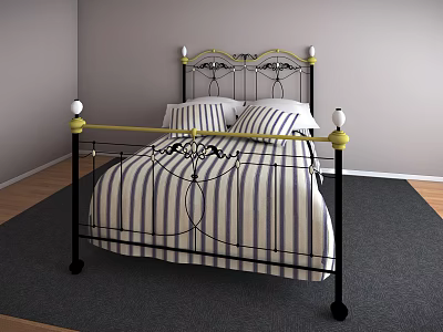 Double Bed With Black Iron Frame Ornate Design Blue White Striped Bedding Gold Accents 3d model