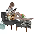 A Woman Using Tablet While Sitting On Red Armchair With Blue Handbag And Flowers