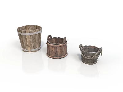 Set Of Three Rustic Wooden Buckets For Household Decor And Storage 3d model