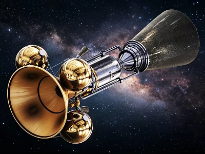 Rocket Engine With Golden Spherical Components And Bell Shaped Nozzle In Starry Space 3d model