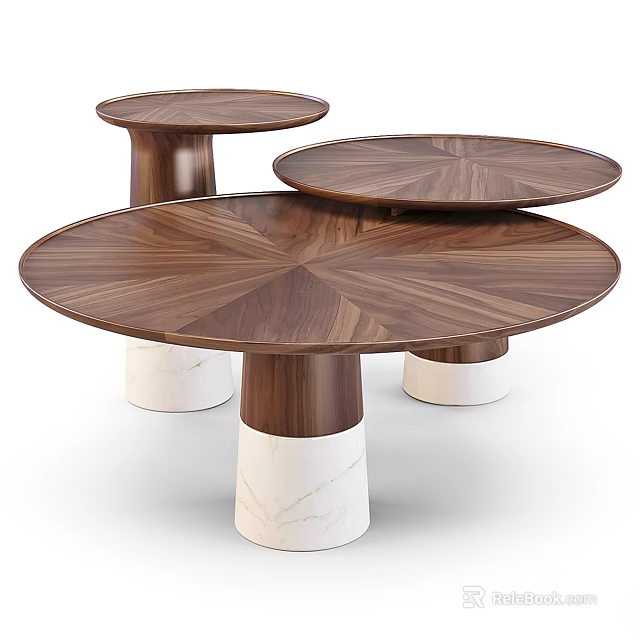 Three Round Dining Tables With Wooden Tabletop And Marble Bases Design 3d model 