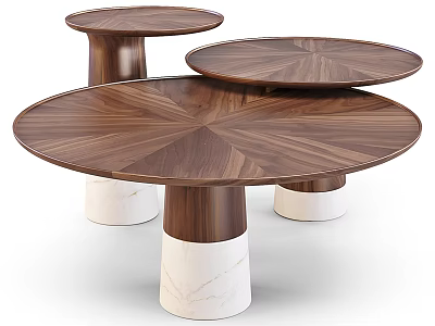 Three Round Dining Tables With Wooden Tabletop And Marble Bases Design 3d model