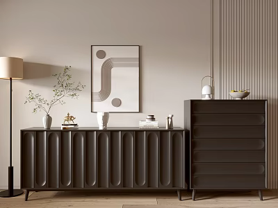 Modern Entryway Console Cabinet And Sideboard With Decorative Vase Books Lamp And Wall Art 3d model