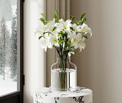 Transparent Glass Vase with White Lilies on Small Patterned Table by Window with Snowy Scenery 3d model
