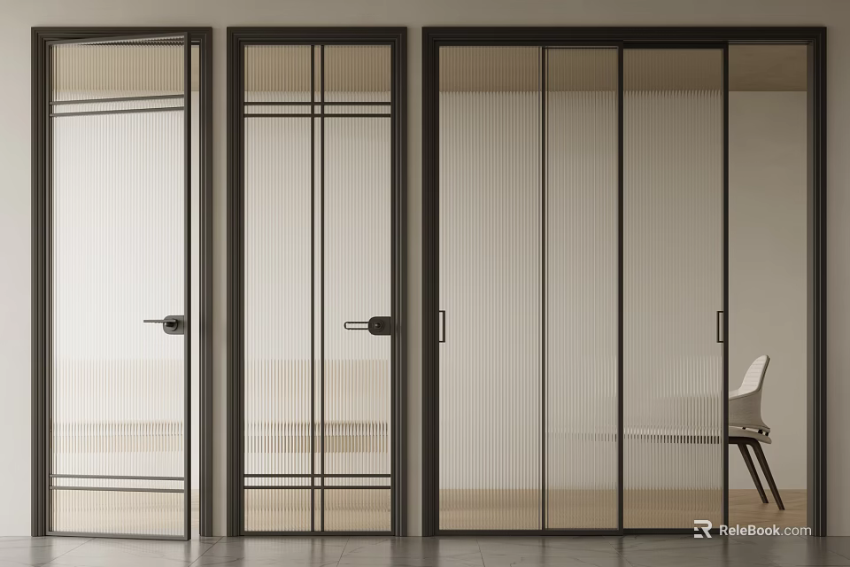 Modern Glass Hinged Doors With Black Frame And Vertical Lines Interior Design 3d model