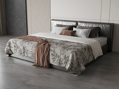 Double Bed With Black Leather Headboard Gray Patterned Bedding Brown Throw Blanket Modern Bedroom 3d model