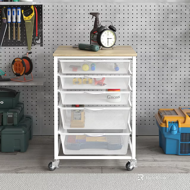 Mobile Storage Cart With Mesh Drawers Tools Pegboard And Clock In Workshop 3d model