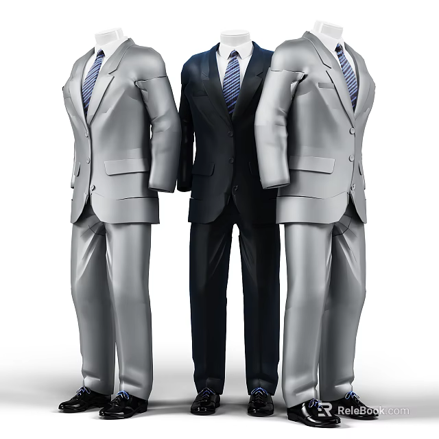 Three Men Models Wearing Gray And Black Formal Suits With Ties Standing 3d model 