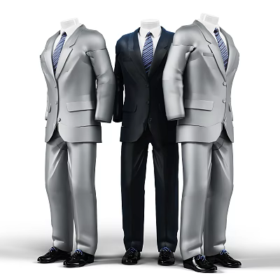 Three Men Models Wearing Gray And Black Formal Suits With Ties Standing 3d model