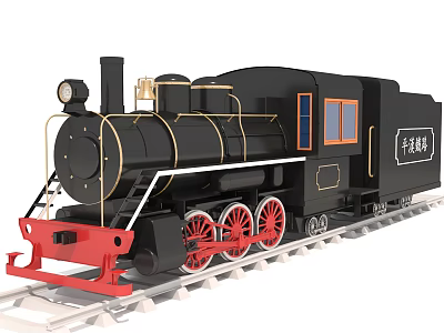Classic Old-fashioned Black Steam Train with Red Wheels on Railway Track 3d model