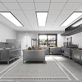 Professional Commercial Kitchen With Stainless Steel Equipment Worktables And Ceiling Lights