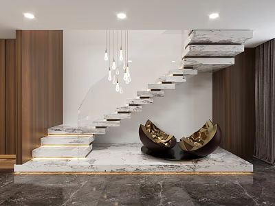 Modern Staircase Design With Marble Steps Glass Railing And Pendant Lights 3d model