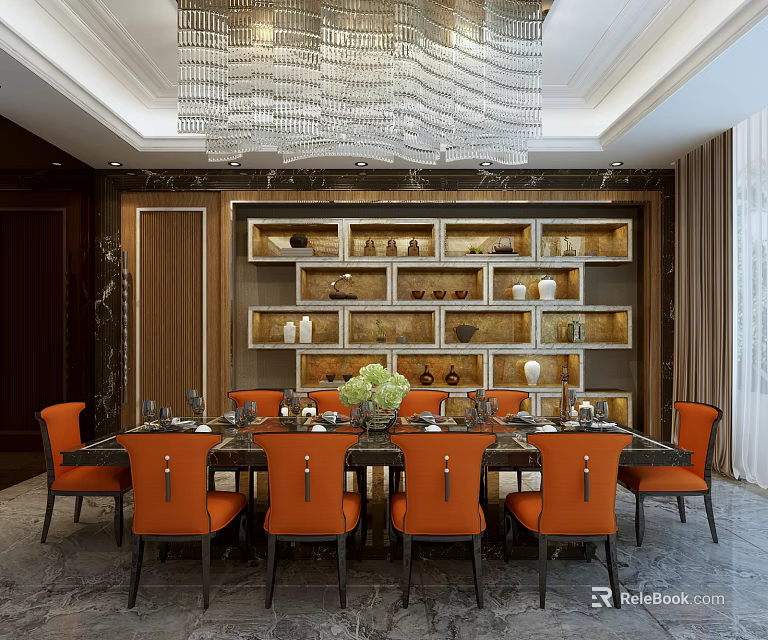 Elegant Dining Table Set With Orange Chairs Marble Tabletop And Chandelier 3d model