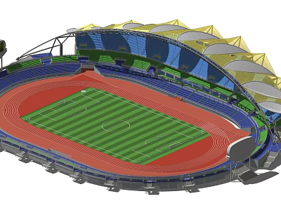 Modern Stadium with Red Track Green Football Field and Blue Yellow Roof 3d model