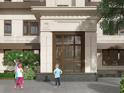Beige Stone Entrance Gate Portico With Glass Door And Greenery Near Children 3d model