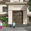 Beige Stone Entrance Gate Portico With Glass Door And Greenery Near Children