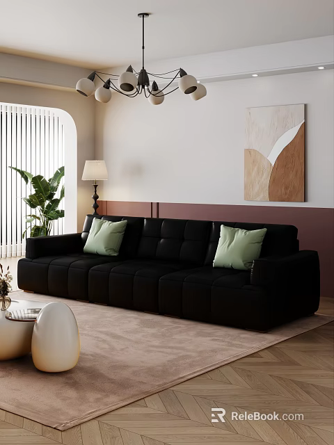 Black Sofa Coffee Table With Green Cushions Floor Lamp And Wall Art In Living Room 3d model 