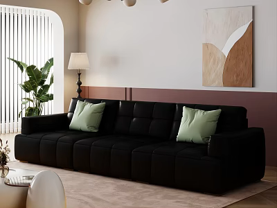 Black Sofa Coffee Table With Green Cushions Floor Lamp And Wall Art In Living Room 3d model